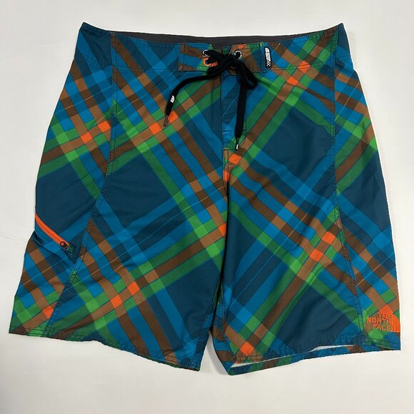 The North Face Men's size 36 Blue Green Plaid Board Shorts Swim Trunks Shoe Lace - Picture 1 of 13